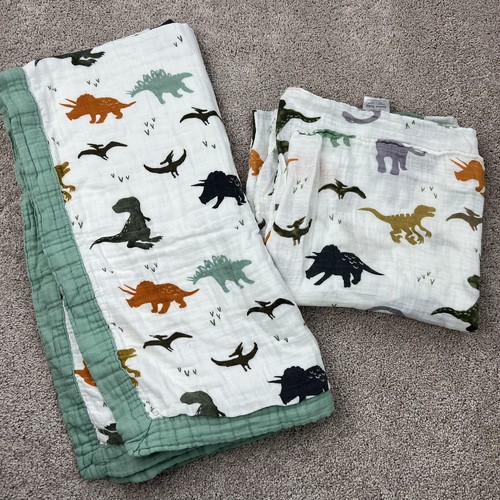 Aenne Baby Muslin Swaddle Blanket 47x47 Inch Dinosaur Set Of 2 Blankets