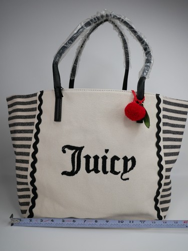 Juicy Couture Large Cabana Beach Tote Bag Purse Black Stripe Canvas & Pouch $110 - Picture 19 of 23