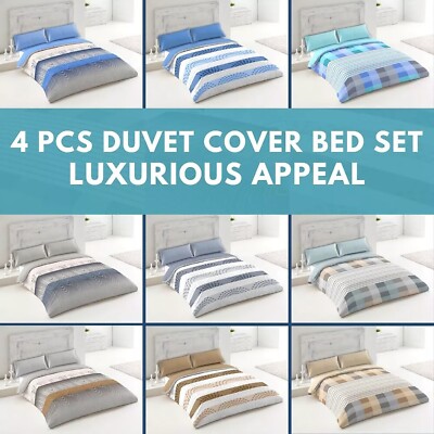 4 Pcs Complete Bedding Set Duvet Cover With Fitted Bed Sheet Single Double King