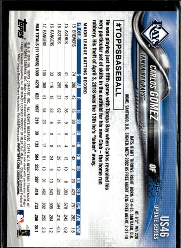 2018 Topps Update Carlos Gomez Tampa Bay Rays #US46  4 Card Lot - Picture 2 of 2