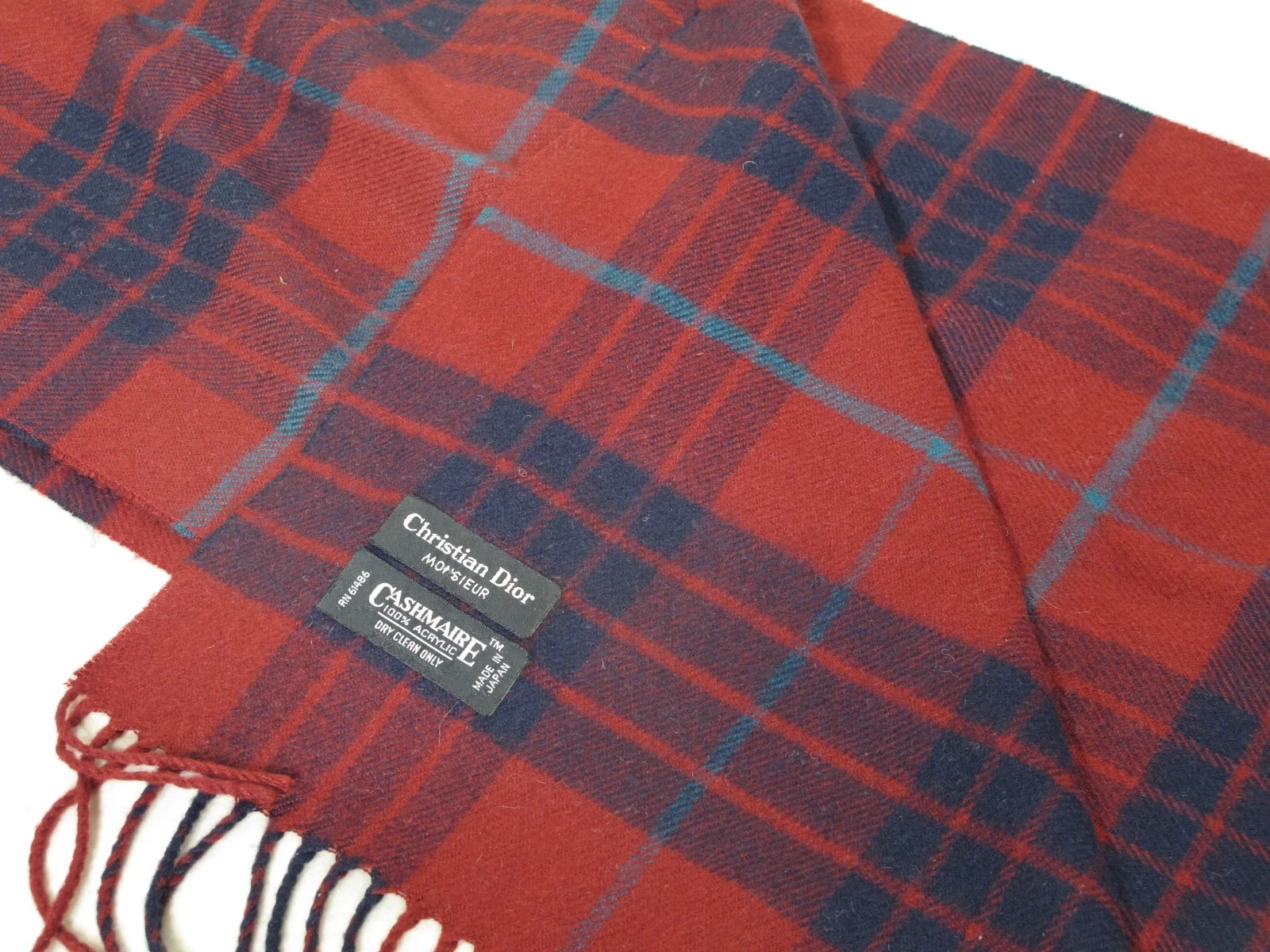 Christian Dior Monsieur Cashmaire Foulard Bordeaux Bleu Tartan Plaid 47 x 11
