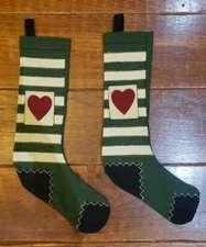 Pair Primitive Striped Green Wool Christmas Stockings 18" Appliqué Heart Set 2