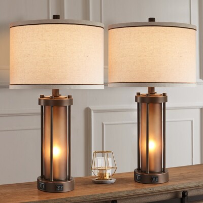 Set of 2 Farmhouse Table Lamps for Living Room with 2 USB Charging Ports, Vintag