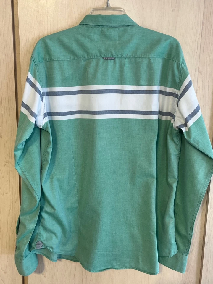 BASICS Men's SLIM FIT Button Down Shirt Size XL X-Large Striped Green Blue - Image 4 of 4