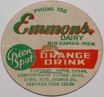 Vintage milk bottle cap EMMONS DAIRY Green Spot Orange Drink Big Rapids Michigan