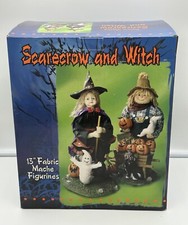 Vintage Halloween Figurine Set Scarecrow And Witch 13" Fabric Mache Decoration