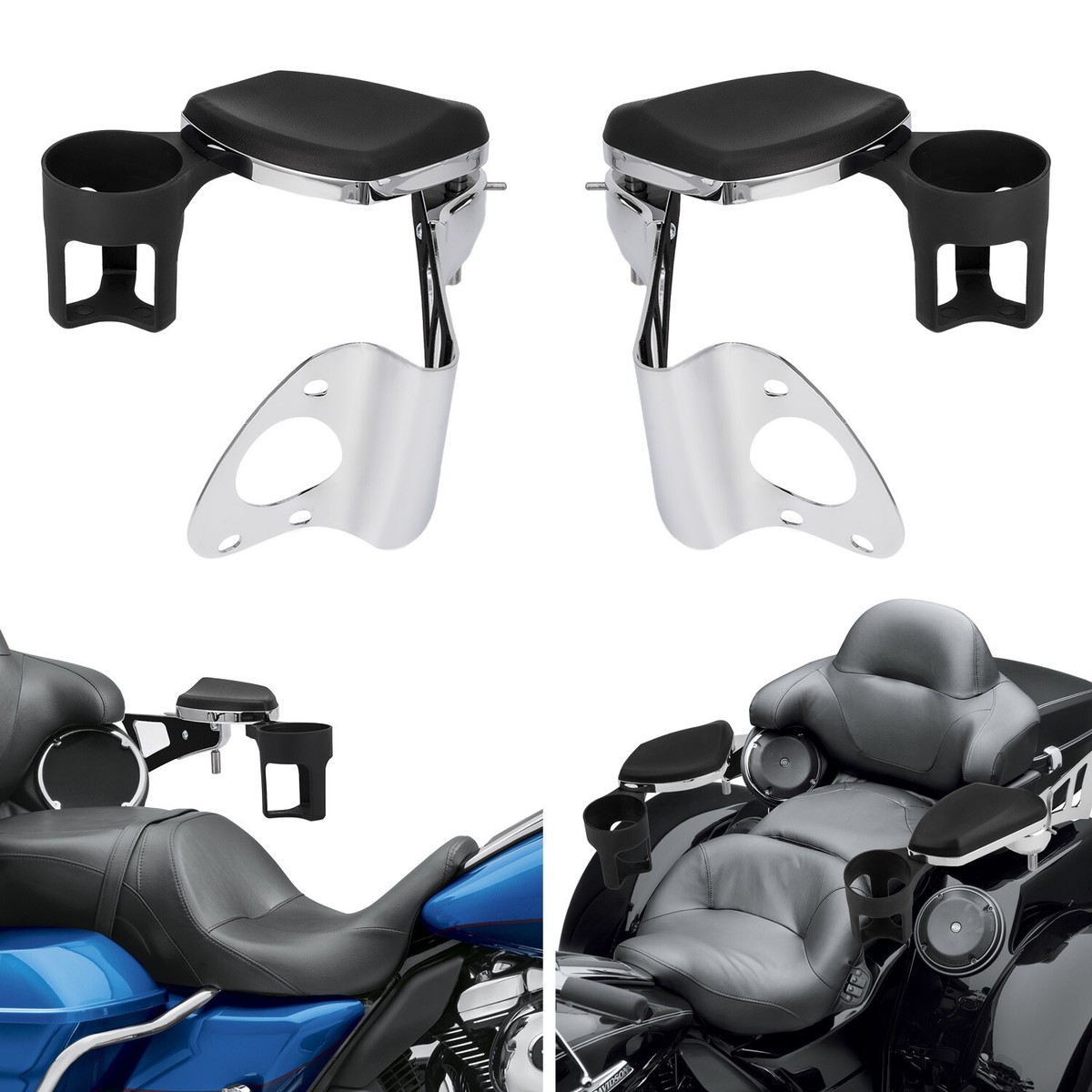 Adjustable Rear Passenger Arm Rests &Drink Holder For Harley
