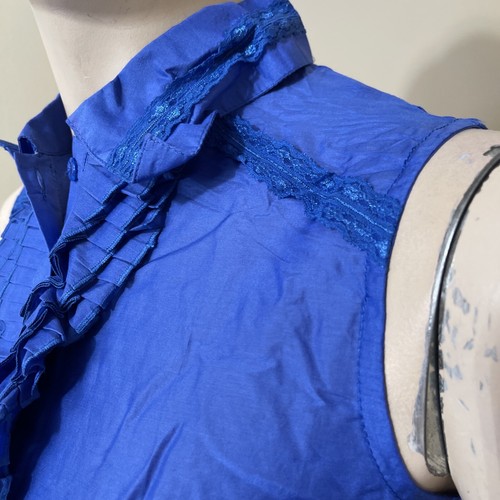 Women’s Blue Cotton Casual Pleated Ruffle Lace Size S Button Up Blouse Top Shirt - Picture 8 of 12