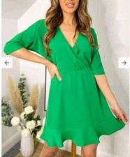AX Paris Green Ruched Cuff Wrap Dress Mini Above Knee Length Women's 10 or M
