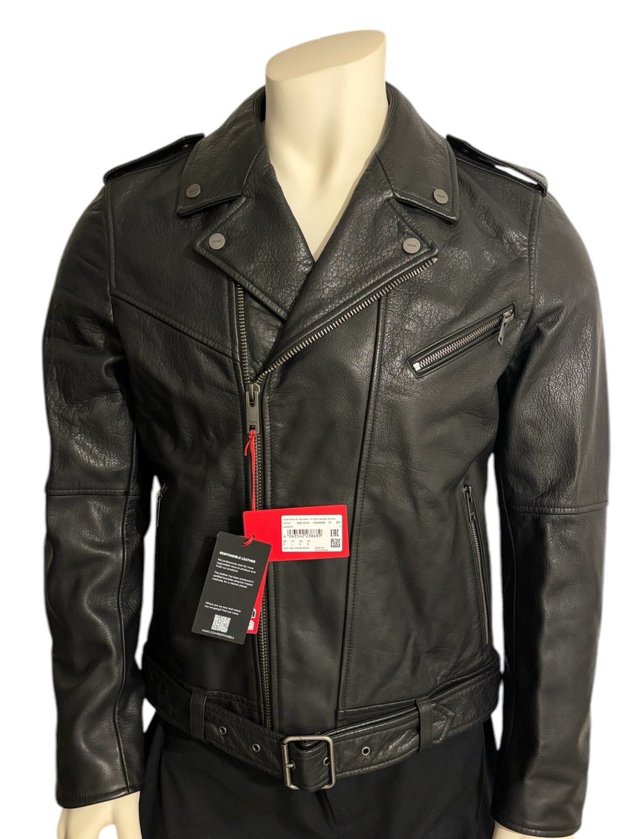 HUGO BOSS Jacket Mens Black Heavy Leather Moto Biker Size S HUGO BOSS Jacket Mens Black Heavy Leather Moto Biker Size S