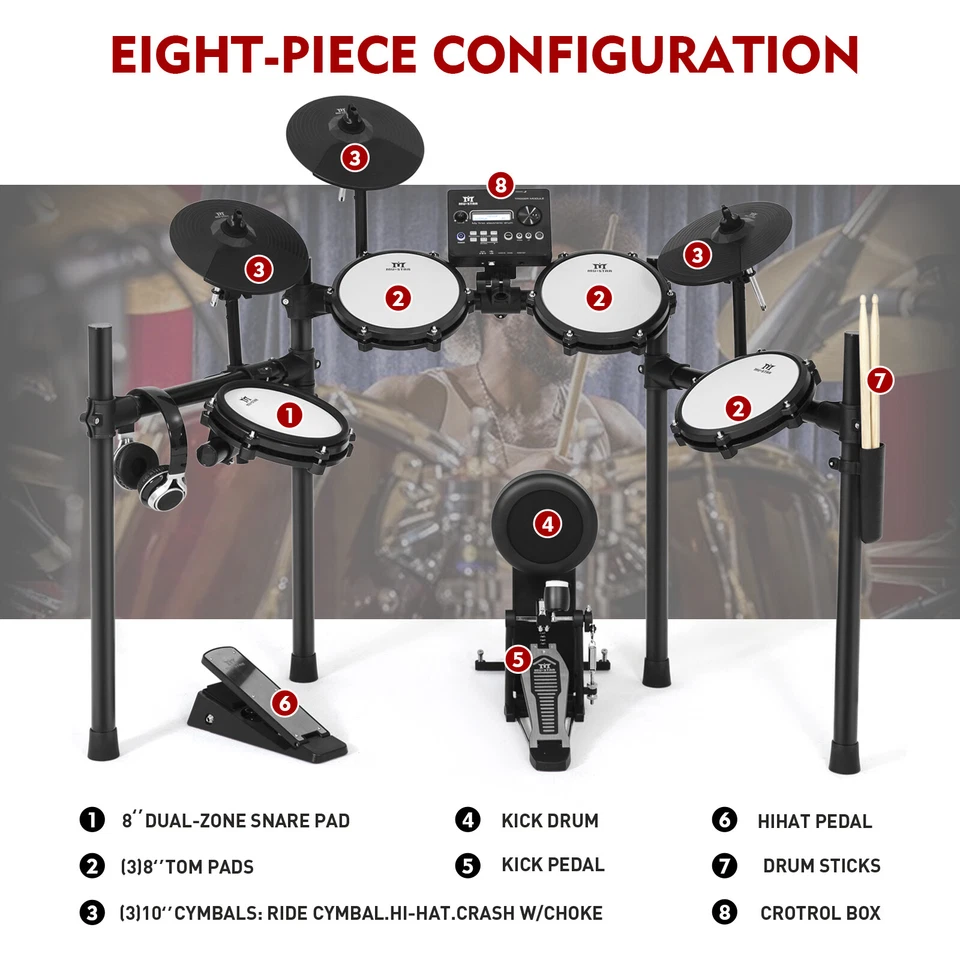 Electric Drum Set Mesh Pads Dual Zone Snare w/ USB MIDI, 2 Pedals, Headphone - Image 3 of 4