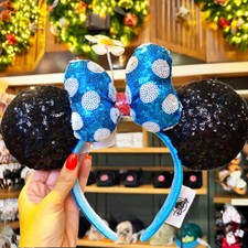 Disney Parks Blue White Polka Dot Timeless Flower Sequin Minnie Ears Headband