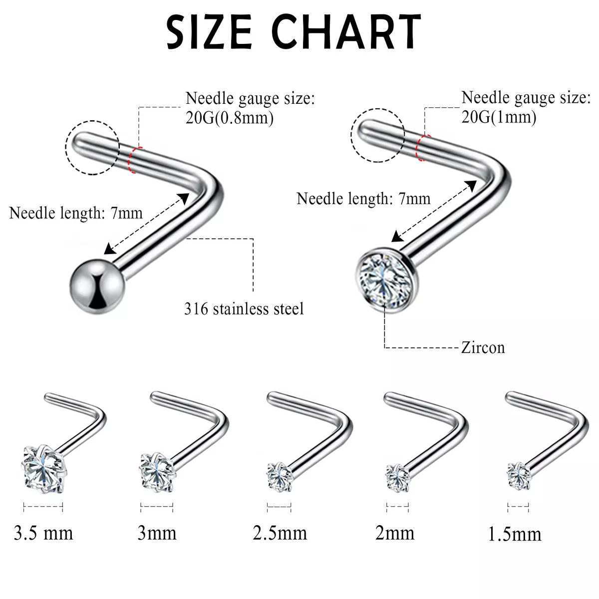 20pcs L-shaped CZ Nose Ring Studs Surgical Steel Body Piercing Jewelry 20G