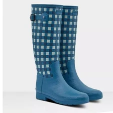 Hunter Original Women's Tall Waterproof Rain Boot, Size 5 Matte Blue Gingham NEW