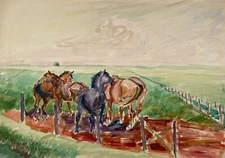 IMPRESSIONIST NIELS STRÖM *1881 SUMMER LANDSCAPE HORSES IN PASTURE DENMARK  