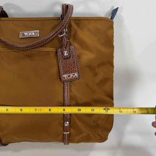 Tumi Brown Nylon Brown Leather Trim Shoulder Bag Zip Top Tote Purse - Picture 12 of 14