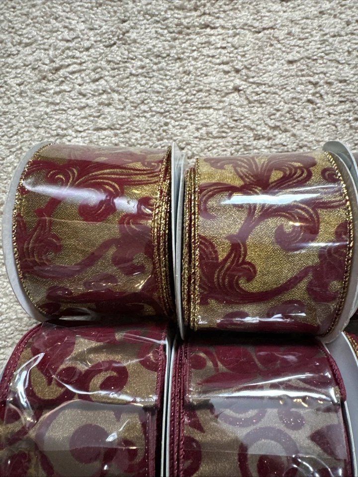 Christmas Ribbon Burgundy Swirl A Lot Of 19 Rolls 2.5”x 10 Yards. Raised Velvet - Image 2 of 4