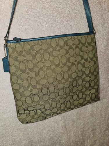 Sac bandoulière jacquard signature C Coach bordure cuir bleu sarcelle sangle réglable - Photo 2/6