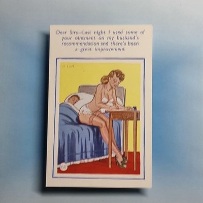 Freche Comic Postkarte um 1960 Strümpfe Dessous Salbe Zensor bestanden H Limette