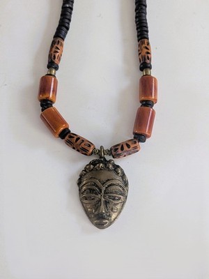African Bone Mask Necklace Mens Tribal Beaded Boho Statement Pendant