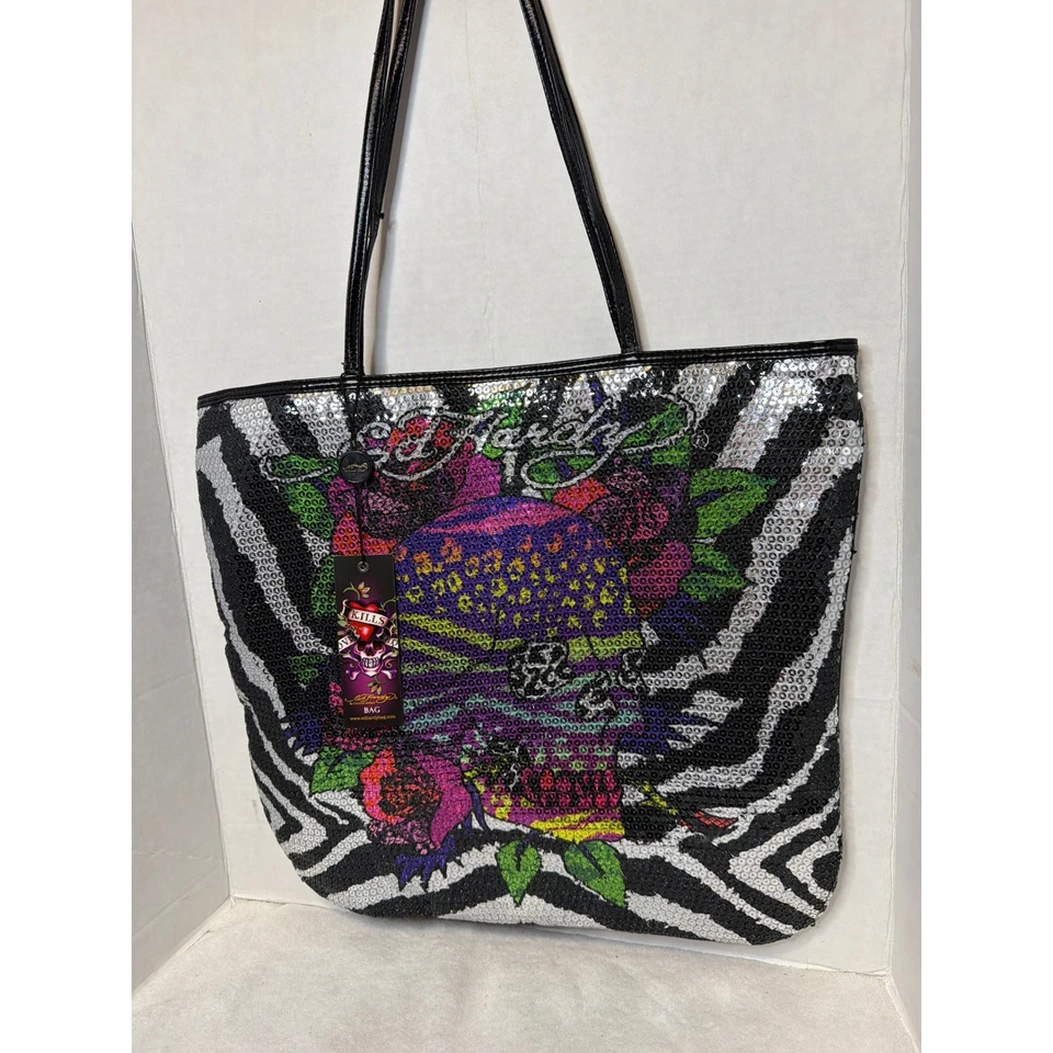 Новый с Ярлыками VTG Y2K Ed Hardy блестками зебра печать череп цветочный сумка с короткими ручками читать - Изображение 2 из 4