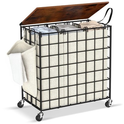 Laundry Basket with Wheels, Heavy Duty Laundry Sorter 3 Sections, 140L (37Gal...