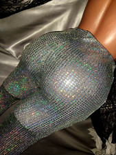 VTG SATIN SHINY CARNIVAL FLASHBULB HOLOGRAM SILVER DISCO SPANDEX FOIL PANTS