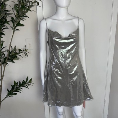 MICAS Slinky Mini Dress Silver Metallic Party Rhinestone Strap Dress Size M