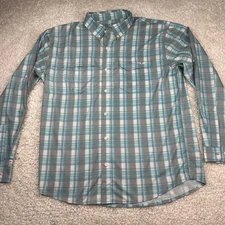 HUK Shirt Mens Large Blue Plaid Performance Button Down Vented Breathable Fish