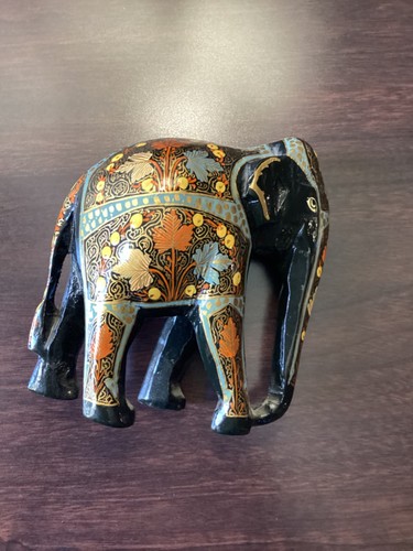 Vintage Hand Painted Wooden Elephant Figurine Floral Art Multicolored 4x4.5”