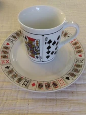 Vtg. 1995 Jobar's 8 Pc. Playing Card (4) 8oz Coffee Mugs And (4) 7" Plates Set 