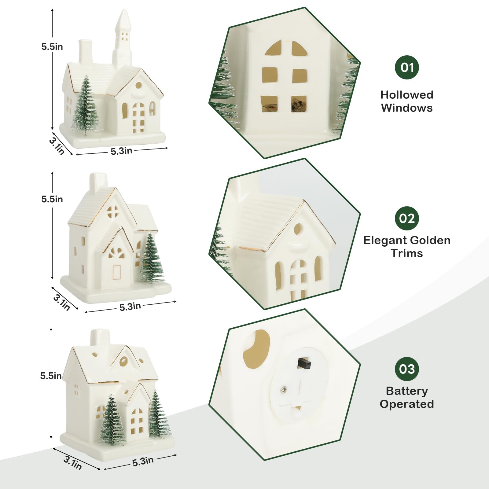 Timer: White Ceramic Christmas Village Houses, 3Pcs Light Up Christmas Villag...