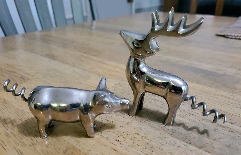 Vintage Chrome Plated Novelty Pig & Deer Corkscrew Wine Opener