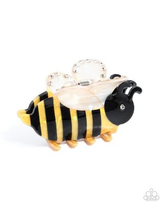 Paparazzi Bee Backdrop - Yellow - White Gem & Rhinestone - Paint - Bee Claw Clip
