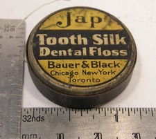 ANTIQUE VTG ROUND LITHO TIN BAUER & BLACK JAP TOOTH SILK DENTAL FLOSS pat 1906