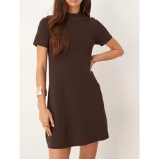 MNG Mango Brown Ribbed Knit Mock Neck Mini Dress Short Sleeve Size Small