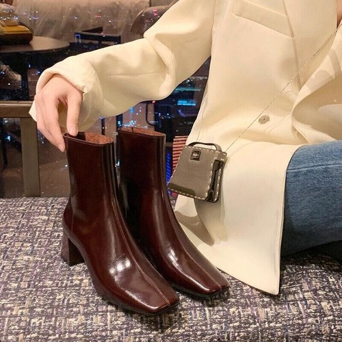 Botas cortas al tobillo con punta cuadrada para mujer con cremallera trasera tacón bloque zapatos de otoño - Imagen 3 de 18