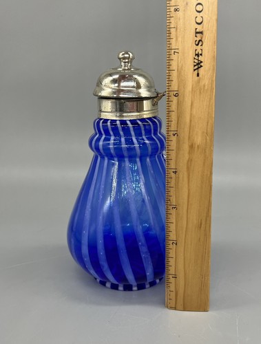 Cobalt Blue Opalescent Spiral Glass Syrup Pitcher Antique Victorian - Picture 7 of 7
