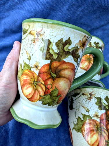 PIER 1 IMPORTS "HARVEST GARDEN" CRACKLE Autumn PUMPKINS PEDESTAL 5" Coffee MUG - Picture 4 of 4