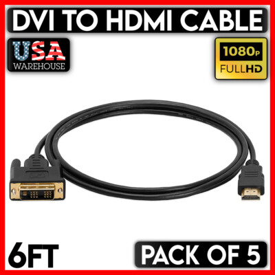 5PCS 6 FT DVI-D to HDMI Cable Gold 18+1 DVI-D Male to HDMI Male Cord for HD TV
