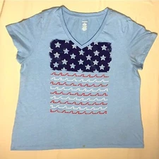 American Flag Shirt Women’s XXL Blue Patriotic T-Shirt Top Tee Stars 4th of July