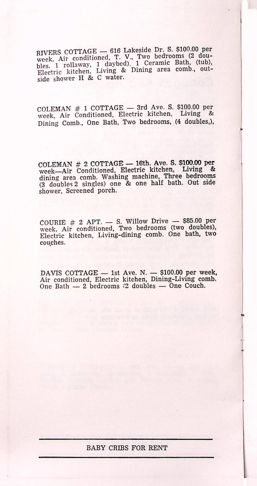 1972 SURFSIDE BEACH SC HARRISON REALTY CO RENTAL LISTINGS MYRTLE BEACH