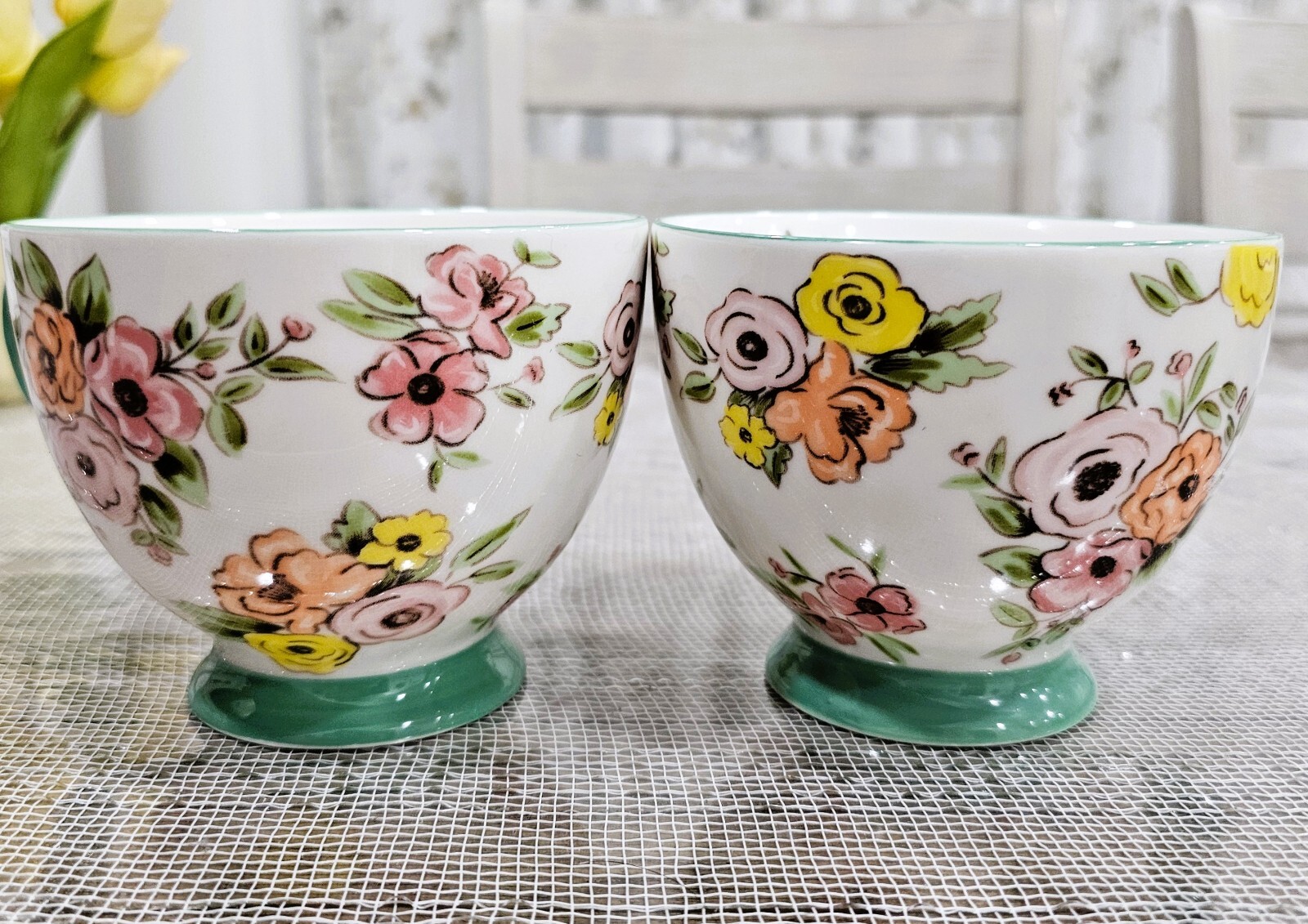 Grace Teaware Set of 2 Footed Mugs White Aqua Multicolor Floral 12 oz each