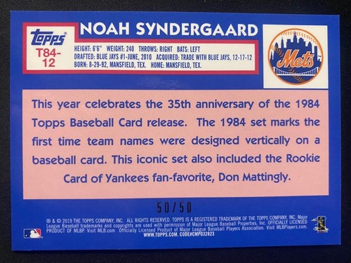 Topps Silver Pack 2019 Gold Sp 50/50 Noah Syndergaard - Imagen 2 de 2