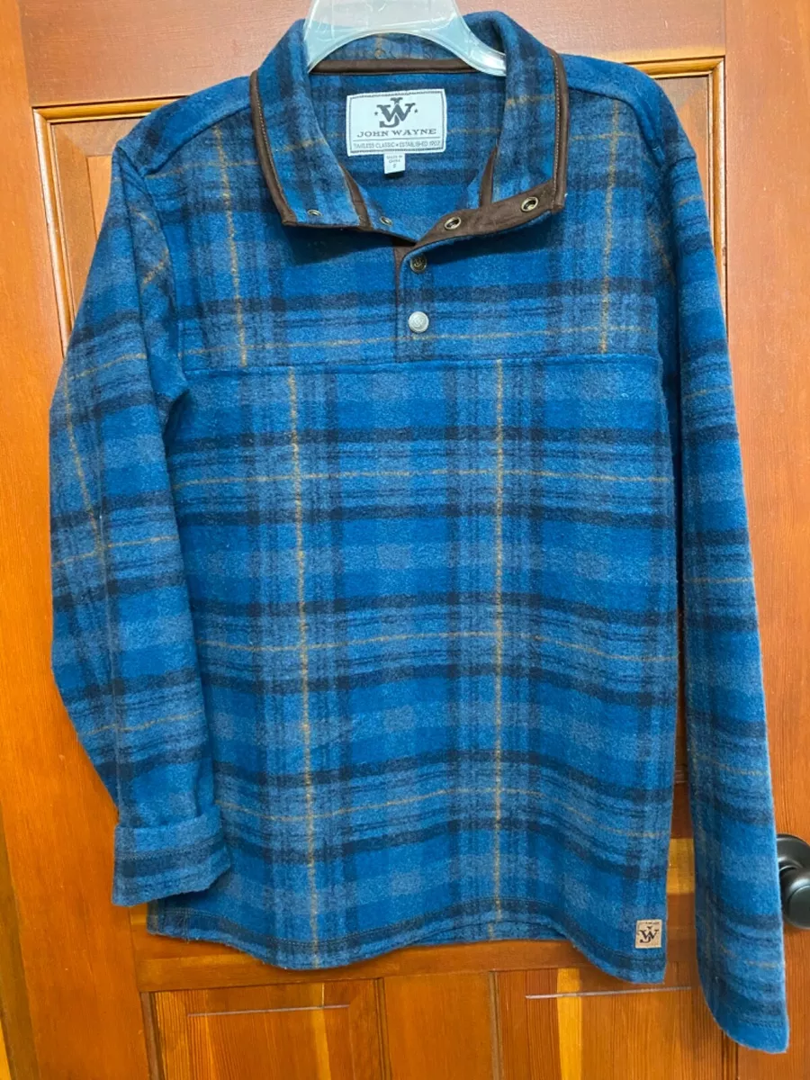 John Wayne Pullover Blue Plaid Flannel 1/4 Snap Wooly Fleece Jacket Size Small