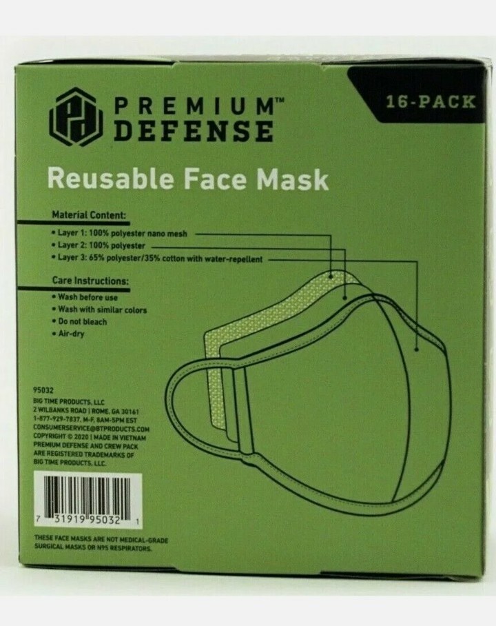 Premium Defense Reusable Face Mask 16 Pk Washable Triple Layer