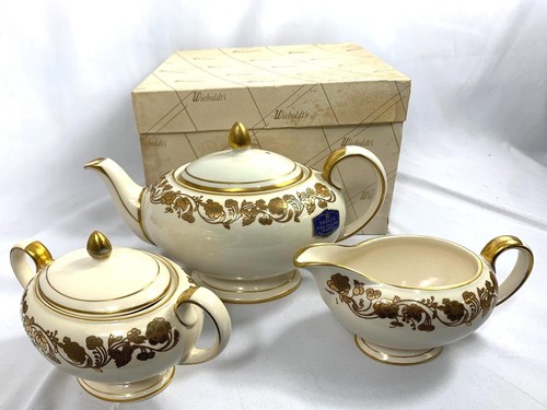 VTG 70s Sadler Mayfair Gold Leaf pattern Teapot, Creamer & Sugar set Box New - Picture 10 of 10