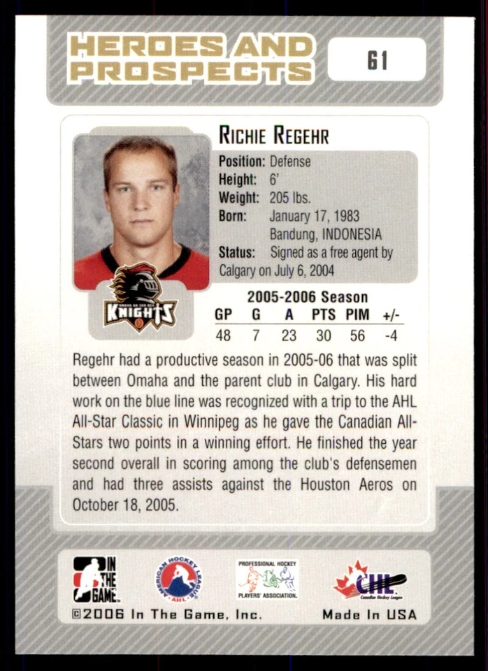 2006-07 In The Game Heroes and Prospects Richie Regehr Omaha Ak-Sar-Ben Knights - Image 2 of 2