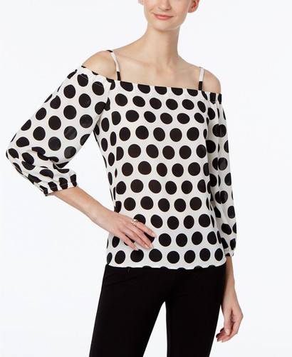INC International Concepts Petite Printed Cold-Shoulder Top Bold Dot PM