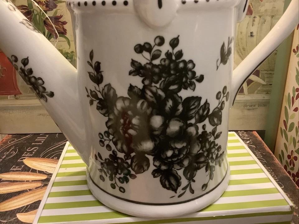 Porcelain Watering Can~Black/White Floral Toile~Useable/Charming/Quality~NICE 😊 - Image 2 of 4